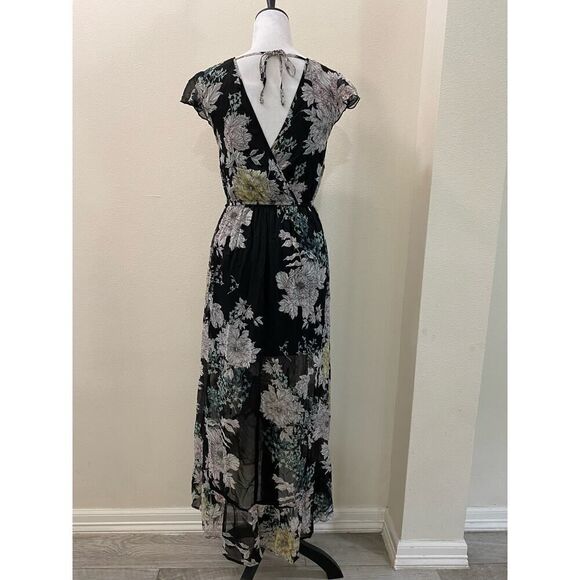 Band of Gypsies Floral Maxi Dress Black Double V Neck Back Tie Flowy Praire - S - Picture 3 of 8